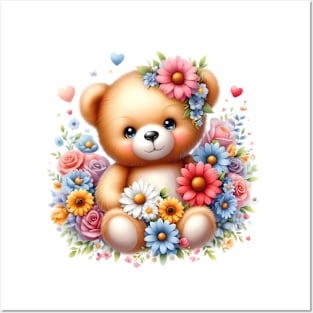 A teddy bear decorated with beautiful colorful flowers. Posters and Art